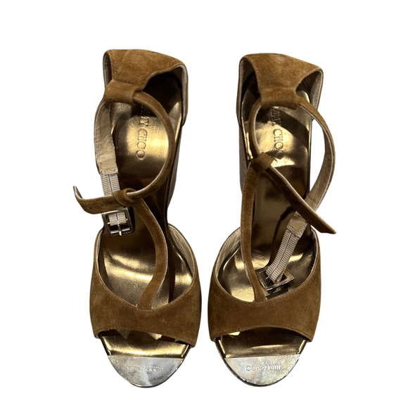Jimmy Choo Shoes - Jimmy Choo Brown Suede Cork Wedge Sandals Ankle Strap Gold Platform Size 39